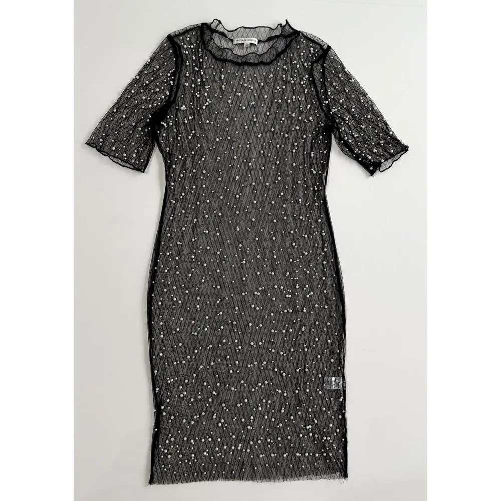 Hot & Delicious Black Sheer pearl dress/cover up L - Picture 5 of 12